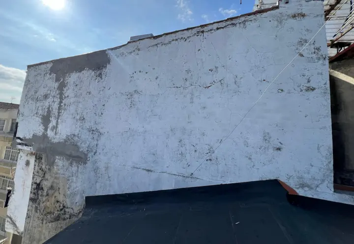 Antes: medianera con la pintura levantada y manchas de humedad
