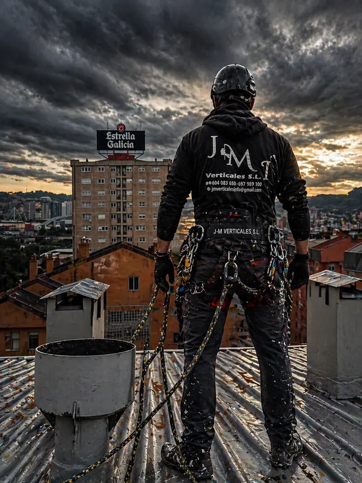 Operario de JMI Verticales con arnés y cuerdas en un tejado de A Coruña al atardecer